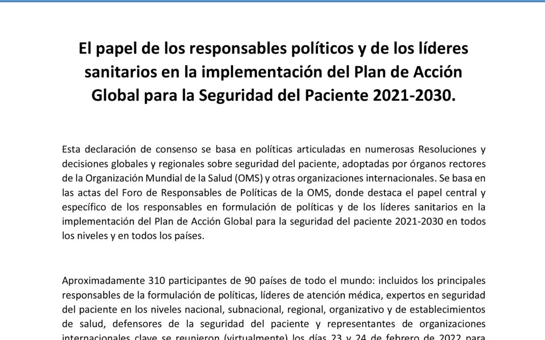 SECA apoya la declaración de consenso de la OMS para la implementación del Plan de acción global para la seguridad del paciente